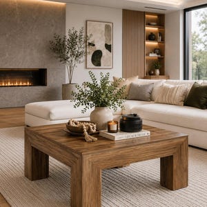 May include: A square wooden coffee table with thick legs, topped with a ceramic vase containing green foliage, a wooden bowl with a beaded garland, a small lit candle, a black lidded container, and a book titled Live Beautifully.