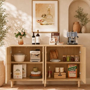 Puede incluir: Un mueble de madera clara con puertas abiertas, que muestra artículos de cocina y comedor. Incluye una cafetera, botellas de vino, bolsas de harina y una pintura enmarcada. Una alfombra y jarrones completan la escena.
