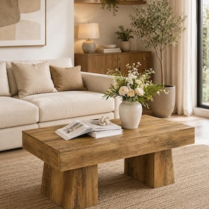 Op de afbeelding: Een rechthoekige houten salontafel met een dik blad en twee stevige blokpoten. De tafel heeft een natuurlijke houtnerfafwerking en is voorzien van een open boek en een witte keramische vaas gevuld met witte bloemen en groen blad.