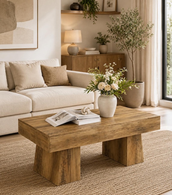 Farmhouse Wood Coffee Table, Contemporary Cocktail Table for Living Room Decor