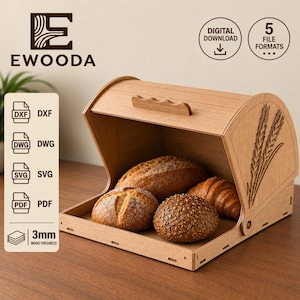 Wooden Bread Box Laser Cut Files, Bread Bin svg dxf dwg pdf , 3mm Wood, CNC Digital Download