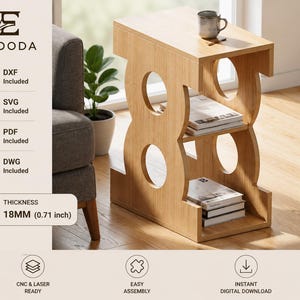 Planos para fresadora CNC: Mesa auxiliar con forma de reloj de arena / Mesa de centro moderna. Planos digitales / Archivos de diseño de muebles de madera desmontables (Dxf, Svg, Dwg).