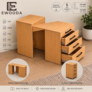 May include: A light wood desk with a modular design featuring a three-drawer unit with black handles. The digital download includes DXF, DWG, SVG, PDF, and STEP file formats for CNC routing, with material thickness options of 18 mm and 16 mm.
