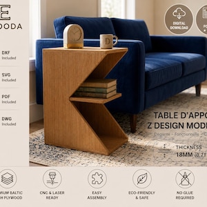 Planos para fresadora CNC, mesa auxiliar geométrica, archivos de corte láser de 16 mm, mueble auxiliar moderno en formato SVG, DXF y DWG, planos digitales de muebles inteligentes de fácil montaje.