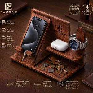 Organizzatore da scrivania in legno File per fresatrice CNC Taglio laser svg dxf pdf dwg Plan Tech Docking Station Supporto per smartphone Porta smartwatch Vassoio portaoggetti Regalo