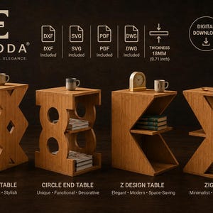 4-in-1 CNC-routerbestanden: bijzettafelbundel (DXF), modern bijzettafelplan (SVG), geometrische salontafel (PDF/DWG), bouwtekeningen voor 18 mm multiplex.