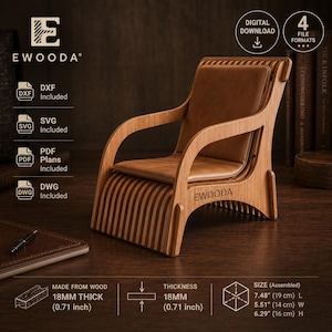 Può includere: Un modello di sedia in miniatura in legno con seduta e schienale marroni, recante il marchio EWOODA. Il download digitale include i formati DXF, SVG, PDF e DWG. Il modello assemblato misura 19 cm di lunghezza, 14 cm di larghezza e 16 cm di altezza.