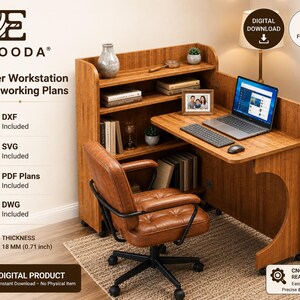 Planos para trabajar en madera en un escritorio plegable de pie / Archivos para fresadora CNC en formato DXF, SVG y PDF / Estación de trabajo móvil de esquina que ahorra espacio / Mesa compacta oculta para bricolaje