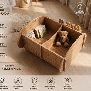 Cnc router projects 18mm plywood large toy box files DXF SVG DWG, flat pack kids furniture plan, montessori nursery storage organizer file