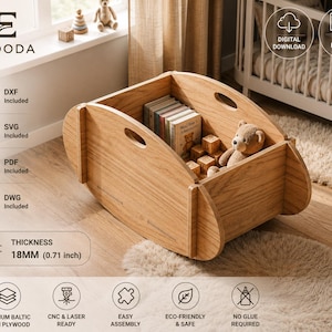 May include: A light brown wooden rocking toy chest with curved side panels and integrated handles. The chest contains several books and a small teddy bear. The wood has a thickness of 18mm (0.71 inch). The image includes text labels for DXF, SVG, PDF, and DWG file formats.