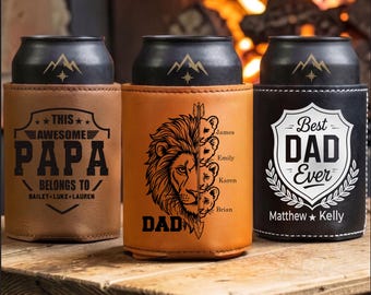 Custom Dad Leather Can Cooler With Kids Names, Personalized Father's Day Gift for Daddy, Papa, Grandpa, Laser Engraved Beverage Holder