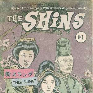 May include: A comic book cover with a purple background featuring three people in traditional Japanese clothing. The title of the comic is "The Shins" and the subtitle is "New Slang".