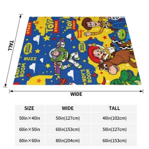 May include: A rectangular blanket featuring a blue and yellow Toy Story pattern with characters Buzz Lightyear, Woody, Jessie, Bullseye, and Rex. The text includes Toy Story, Sheriff Woody, Buzz, and Andy's Room. A size chart lists 50in x 40in, 60in x 50in, and 80in x 60in options.