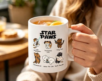 Novelty Star Paws Cat Mug, Funny Pun Star Wars Cat Coffee Mug, Birthday Christmas Gift for Cat Mom Dad, Star Wars Nerd Present