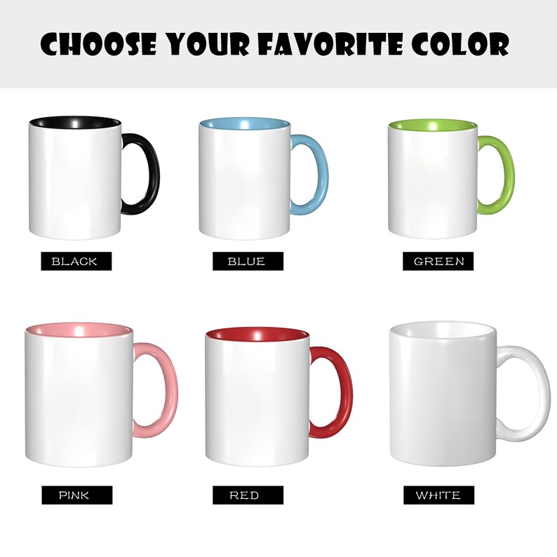 K&ouml;nnte beinhalten: Sechs wei&szlig;e Keramiktassen mit farbigem Innenraum und Henkel. Die Farben sind Schwarz, Blau, Gr&uuml;n, Pink, Rot und Wei&szlig;. Der Text CHOOSE YOUR FAVORITE COLOR steht oben, mit individuellen Beschriftungen f&uuml;r jede Tassenfarbe darunter.