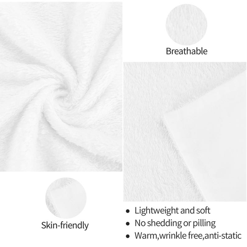 May include: A white plush fabric with a soft, fuzzy texture. The image includes circular insets labeled Breathable and Skin-friendly. Text points list features: Lightweight and soft, No shedding or pilling, and Warm, wrinkle free, anti-static.