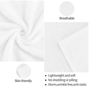 Może przedstawiać: Biała pluszowa tkanina o miękkiej, puszystej fakturze. Obraz zawiera etykiety tekstowe: Breathable, Skin-friendly, Lightweight and soft, No shedding or pilling oraz Warm, wrinkle free, anti-static. Materiał wygląda na gęsty i jednolity.