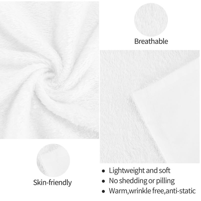 Może przedstawiać: Biała pluszowa tkanina o miękkiej, puszystej fakturze. Obraz zawiera etykiety tekstowe: Breathable, Skin-friendly, Lightweight and soft, No shedding or pilling oraz Warm, wrinkle free, anti-static. Materiał wygląda na gęsty i jednolity.
