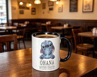 Watercolor Stitch Ohana Quote Mug, Nobody Gets Left Behind Cup, Family Birthday Gift, Lilo Stitch Fan Coffee Mug