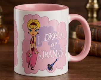 I Dream of Jeannie Mug | Retro TV Show Ceramic Coffee Cup | Nostalgic 60s Sitcom Gift for Her | Pink Handle & Interior Mug