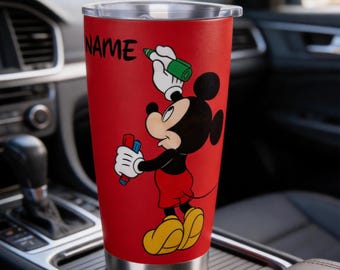 Custom Name Mickey Marker Drawing Car Mug, Disney Character Insulated Tumbler, Leakproof Travel Coffee Cup, Gift for Kids Teachers Drivers