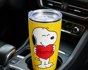 Custom Name Snoopy Tumbler, Personalized Insulated Stainless Steel Travel Mug, Unique Custom Gift for Women Men Peanuts Lovers 20 oz