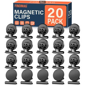 May include: A pack of 20 black magnetic clips arranged in four rows of five. The packaging box is blue and orange with the text FINDMAG MAGNETIC CLIPS 20 PACK. Each clip features a circular magnetic base attached to a spring-loaded metal clip.
