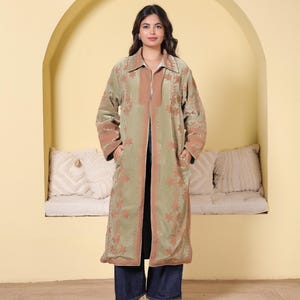 Embroidered Silk Velvet Long Coat, Sage Green Boho Duster Jacket