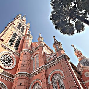 Könnte beinhalten: Eine Froschperspektive einer lachsrosa Kirche mit kunstvollem weißem Steinmaßwerk an den Bogenfenstern, einem runden Rosenfenster und mehreren Türmen. Eine große Palme ist in der oberen rechten Ecke vor einem klaren blauen Himmel zu sehen.