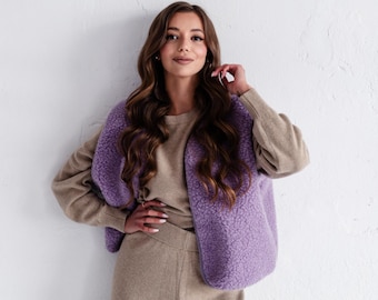 Gilet in lana merino | Gilet da donna in lana | Gilet in pile | Giacca senza maniche | Gilet da esterno | Gilet in peluche | Regalo fatto a mano per lei | Apertura frontale