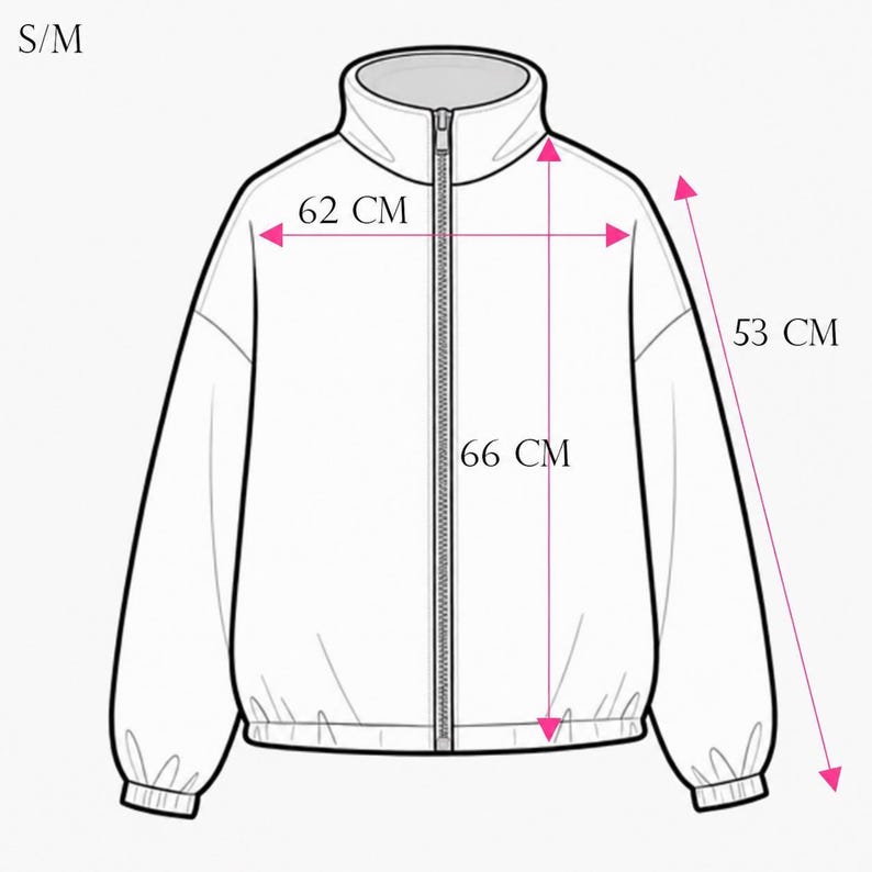 Puede incluir: Un dibujo lineal blanco de una chaqueta con cremallera, cuello alto y pu&ntilde;os el&aacute;sticos. El texto S/M es visible. Flechas rosas indican medidas de 62 cm de ancho, 66 cm de largo y 53 cm para la longitud de la manga desde la costura del cuello.
