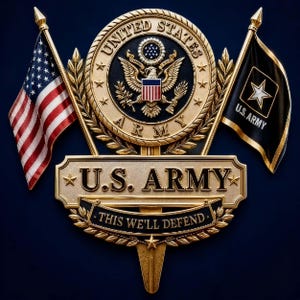 Peut inclure: Un emblème doré de l'armée des États-Unis avec un sceau central à l'aigle, flanqué d'un drapeau américain et d'un drapeau noir de l'U.S. Army. Une plaque horizontale porte le texte U.S. ARMY et une bannière indique THIS WE'LL DEFEND.