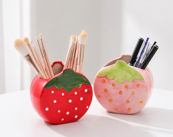 Keramische aardbeienpennenhouder, schattige make-upkwastenhouder, aardbeien bureau-organizer, pennenbakje, decoratieve opbergplek voor make-upkwasten, cadeau voor haar