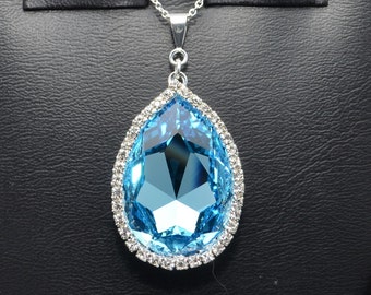 Bridal Necklace 30x20mm Swarovski Faceted Pear Teardrop Pendant Surrounded by Tiny Crystals - Many Different Colors - SW8FP