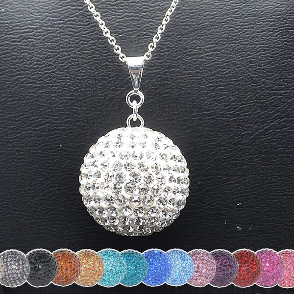 HUGE 22mm (1 inch) Pave Crystal Disco Ball Bead Necklace Pendant on a Sterling Silver Chain Necklace - White, Gray, Black, Pink, and MORE