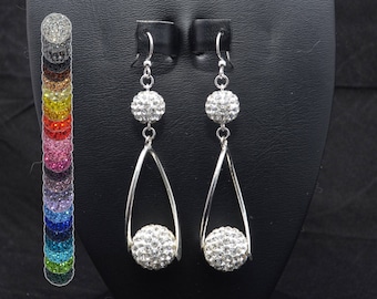 10mm and 14mm White Clear Pave Crystal Rhinestone Disco Ball and Silver Curved Bar Earrings