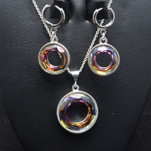 Swarovski Crystal Cosmic Ring 20mm Necklace/Pendant and 14mm Earrings in the Color Crystal Volcano in Sterling Silver - SW8