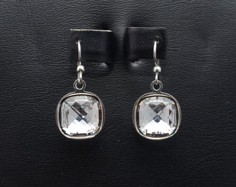 12x12mm Swarovski Faceted Cushion Earrings - Clear and Golden Shadow - SW8FP