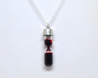 Red Fake Blood Glass Tube Hourglass Vial Necklace Pendant on Sterling Silver Chain - Vampire, Goth, Halloween, memento mori, punk steampunk