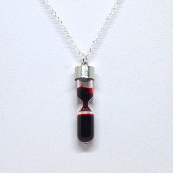 Red Fake Blood Glass Tube Hourglass Vial Necklace Pendant on Sterling Silver Chain - Vampire, Goth, Halloween, memento mori, punk steampunk