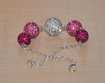 Hot Pink, Pink, and White Pave Crystal Disco Ball Bead Bracelet - 14mm, 12mm, 10mm - 5GCB
