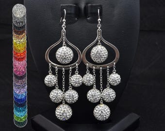 10mm, 12mm, and 14mm Pave Crystal Rhinestone Disco Ball and Silver Chandelier Dangle Earrings