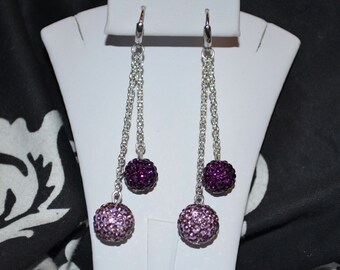 10mm and 12mm Purple and Lavender Pave Crystal Disco Ball Dangle Earrings