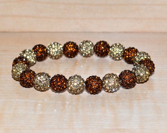 10mm Light Brown/Light Colorado/Golden Brown and Darker Brown/Smoked Topaz Pave Crystal Disco Ball Bead Stretch Bracelet - 1020B