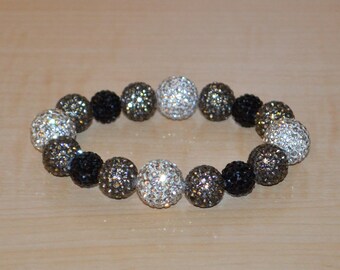 Black, Gray/Grey, and White Pave Crystal Ball Bead Stretch Bracelet - 14mm, 12mm, 10mm