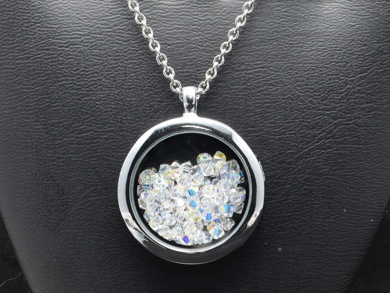 Floating Locket Necklace filled with 3mm Swarovski Bicone Crystals Pendant Many Different Colors SW8 image 2