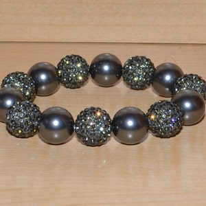 14mm Gray Grey Pave Crystal Ball Bead and Swarovski Pearl Stretch Bracelet 1414B SW8 image 1