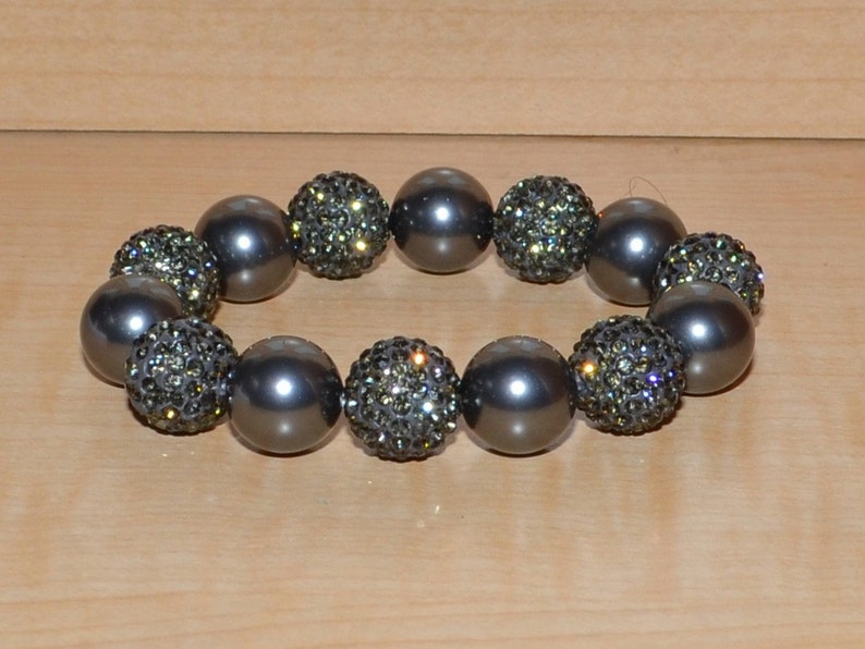 14mm Gray Grey Pave Crystal Ball Bead and Swarovski Pearl Stretch Bracelet 1414B SW8 image 1