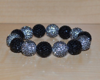 14mm Black and Gray Grey Pave Crystal Disco Ball Bead Stretch Bracelet - 1414B