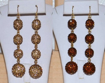 10mm and 14mm Gold and Bronze Pave Crystal Disco Ball Dangle Earrings